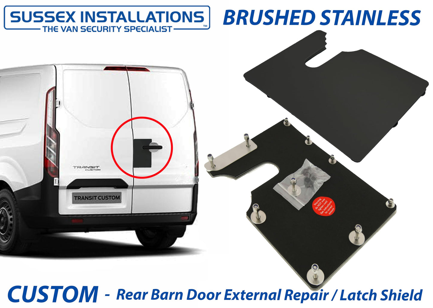 Sussex Installations FOR3-RB-EXT-002 Large Matte black Repair/security shield compatible with Ford Custom (2013-2023) van - rear barn door.